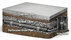 Under slab drainage system with perforated pipe and gravel layer beneath a concrete foundation