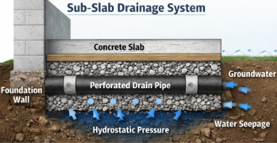 Cross section diagram showing sub slab drainage reducing hydrostatic pressure under a foundation