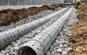 Perforated pipe installed in crushed stone for sub slab drainage beneath building foundation
