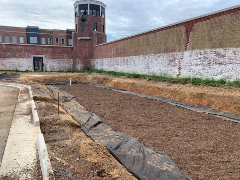 A stormwater or green infrastructure facility being built to maintain during the spring.