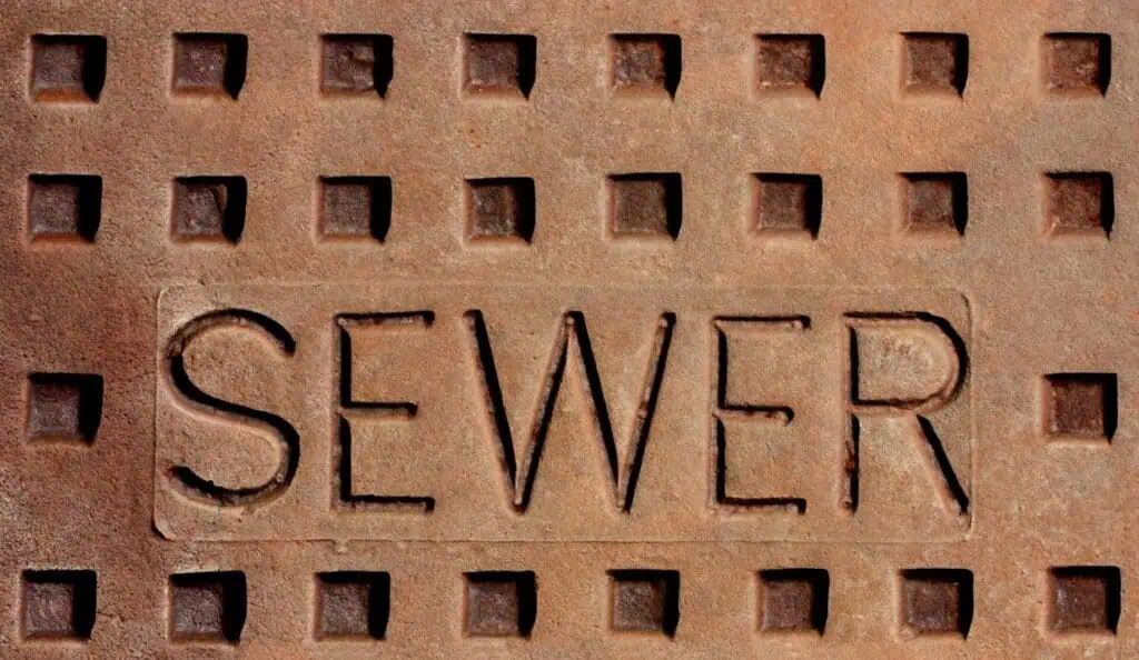 closeup of the word Sewer on the lid of a street sewer