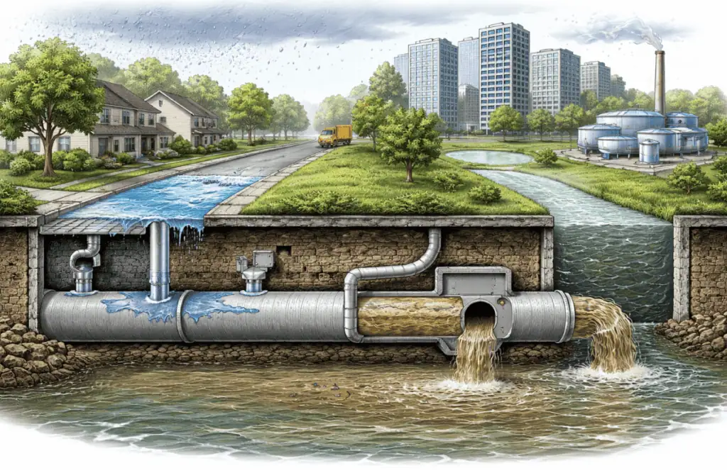 Illustration showing underground sewer and stormwater pipes carrying wastewater from a residential neighborhood and industrial area to a treatment facility before discharging into a river.