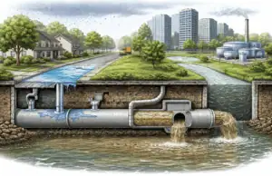 Illustration showing underground sewer and stormwater pipes carrying wastewater from a residential neighborhood and industrial area to a treatment facility before discharging into a river.
