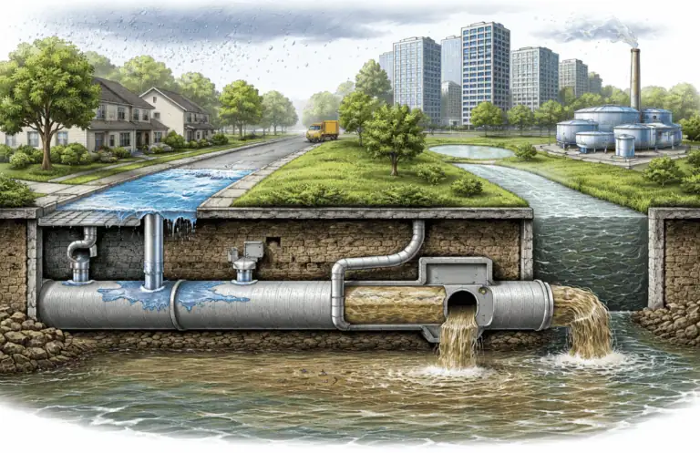 Illustration showing underground sewer and stormwater pipes carrying wastewater from a residential neighborhood and industrial area to a treatment facility before discharging into a river.