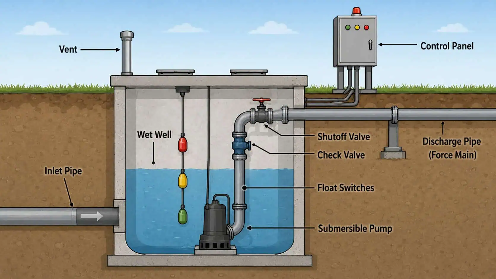 Illustrated cutaway diagram of a wastewater lift station showing a wet well with a submersible pump, float switches, inlet pipe, discharge pipe, check valve, shutoff valve, vent, and control panel.